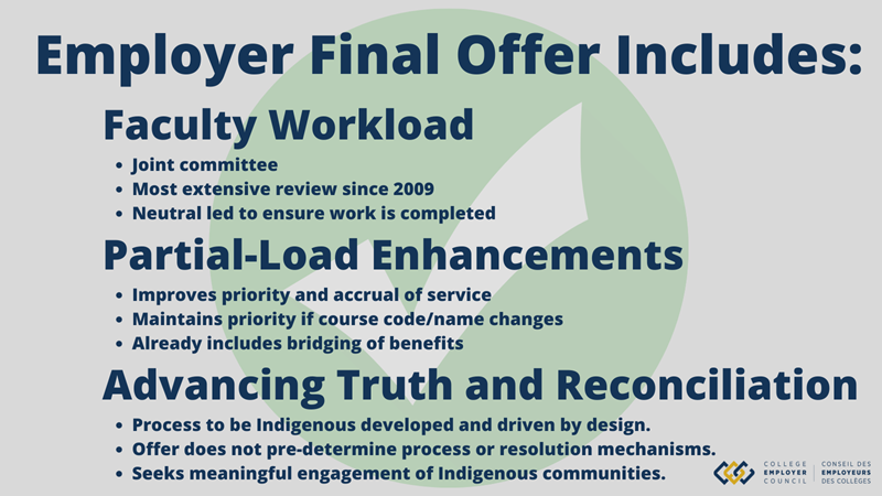 Employer Final Offer Includes: Faculty Workload •	Joint committee •	Most extensive review since 1998 •	Neutral led to ensure work is completed Partial-Load Enhancements •	Improves priority and accrual of service •	Maintains priority if course code/name changes •	Already includes bridging of benefits Advancing Truth and Reconciliation •	Process to be Indigenous developed and driven by design. •	Offer does not pre-determine process or resolution mechanisms. •	Seeks meaningful engagement of Indigenous communities.